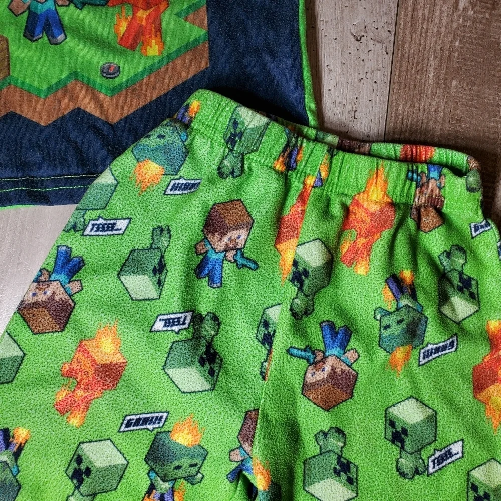 Minecraft Boys Size 4/5 Green 2pc Fleece Matching Pajama Pj Set EUC